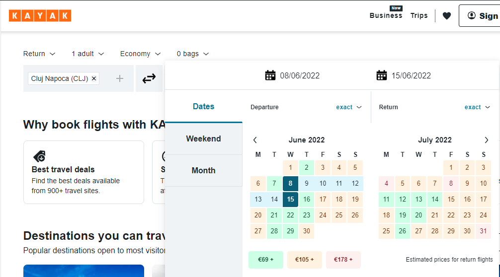 Kayak has a very appealing way to show their offer with their color scheme on the calendar.